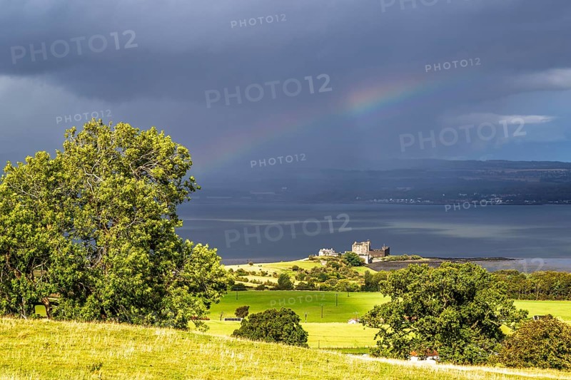 View of rainbow over Forth Estuary from House of the Binns, Linlithgow, Scotland, UK