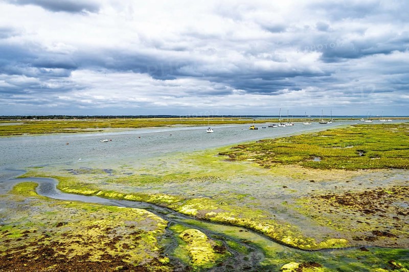 Boats and Marshes over Hurst Spit, Milford on Sea, Lymington, Hampshire, UK