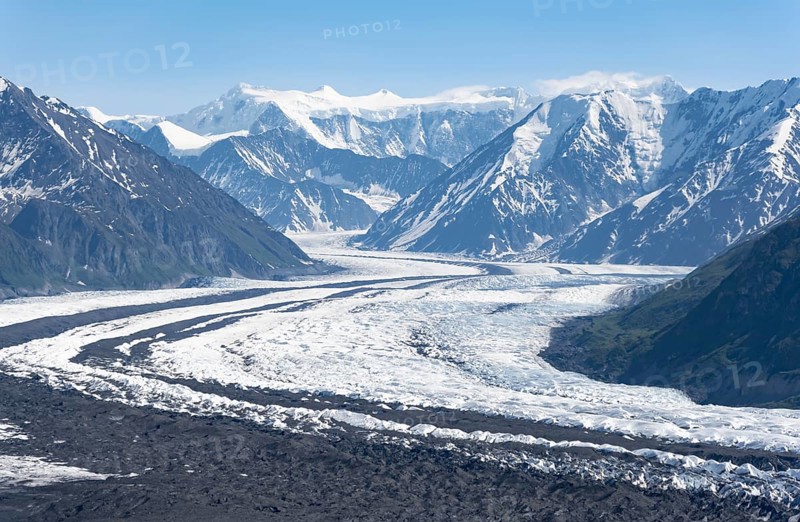 View of impressive mountain landscape with Matanuska glacier and glaciated mountain peaks, Lion's Head, Chugach Mountains, Alaska, USA