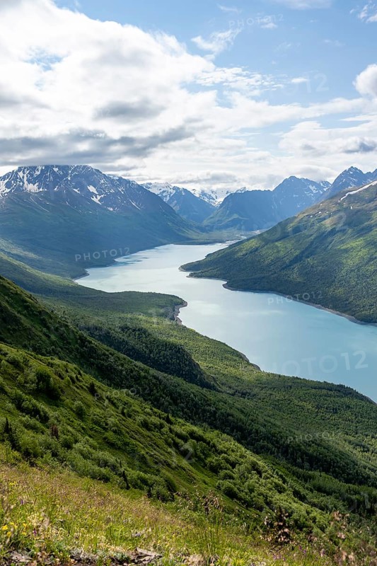 View of blue lake and mountains on Twin Peaks Trail, Eklutna Lake, Chugach Mountains, Chugach State Park, Alaska, USA