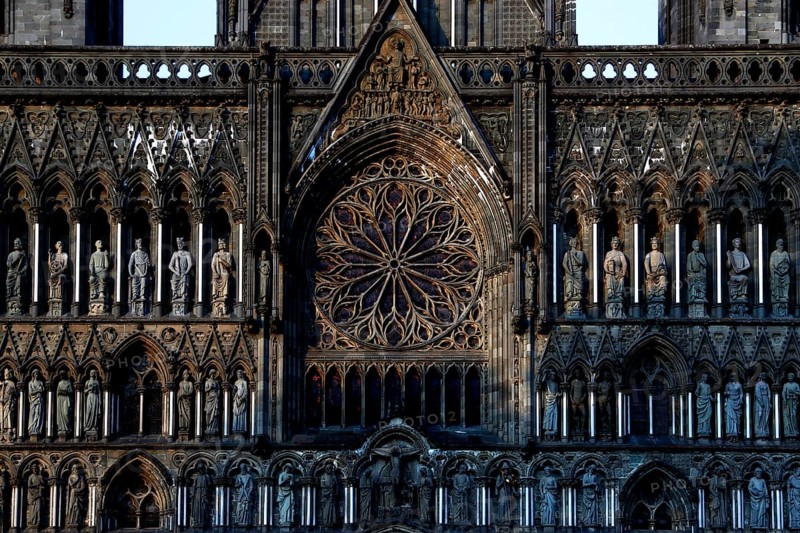 Detailed gothic façade with rose window, Trondheim, Trøndelag, Norway