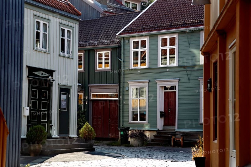 Colourful houses with characteristic details and shadows, Trondheim, Trøndelag, Norway