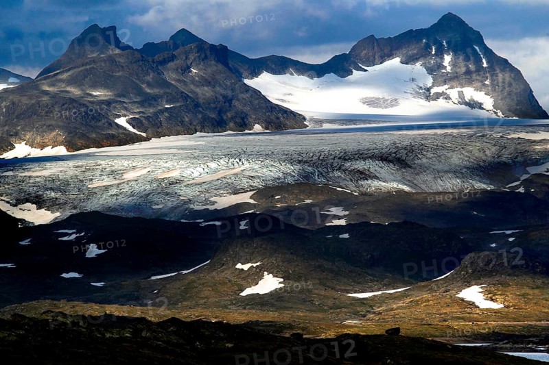 Snow-capped mountains and glaciers in Sognefjell, dramatic landscape