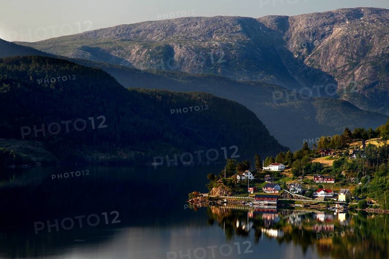 Picturesque village on Hardangerfjord with mountains in the background, Ulvik, zero, Norway