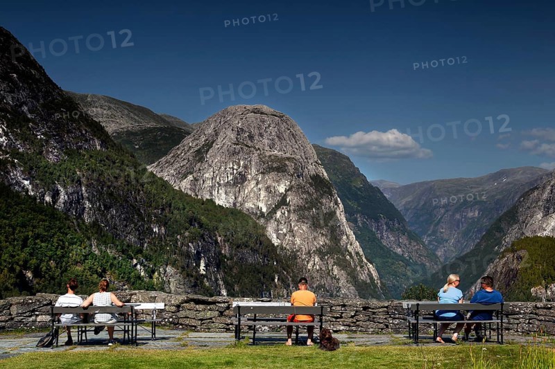 Majestic view from Stalheim Hotel into Nærøytal, surrounded by steep mountains, Nærøytal, Vestland, Norway
