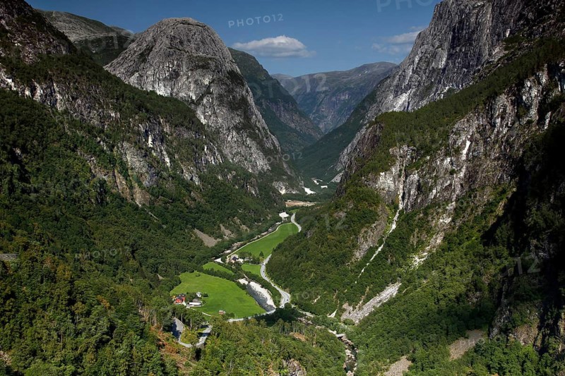 Breathtaking view of the Nærøy Valley with green valley floor and steep rock walls, Stalheim, Norway
