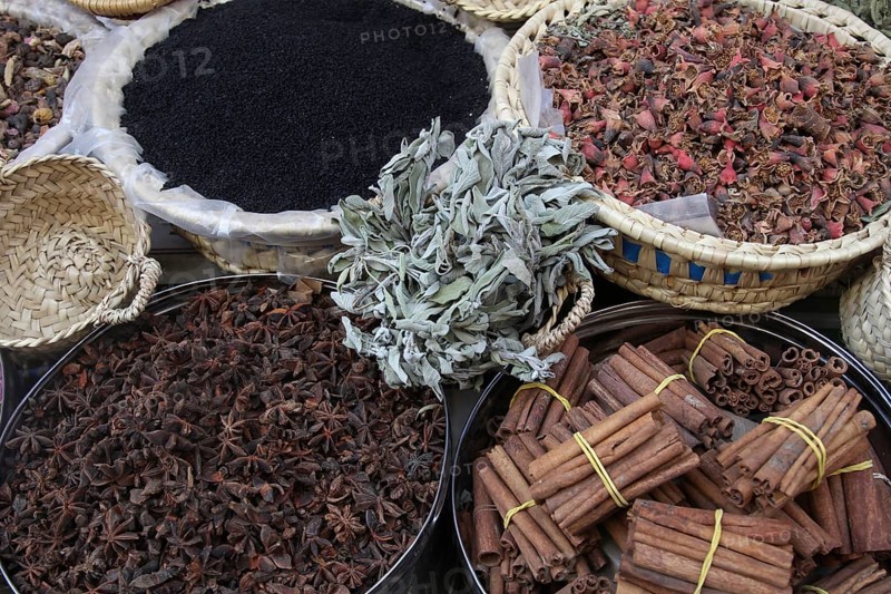 Various spices and herbs on display at a market in Fez, Fez, Fès-Meknès, Morocco