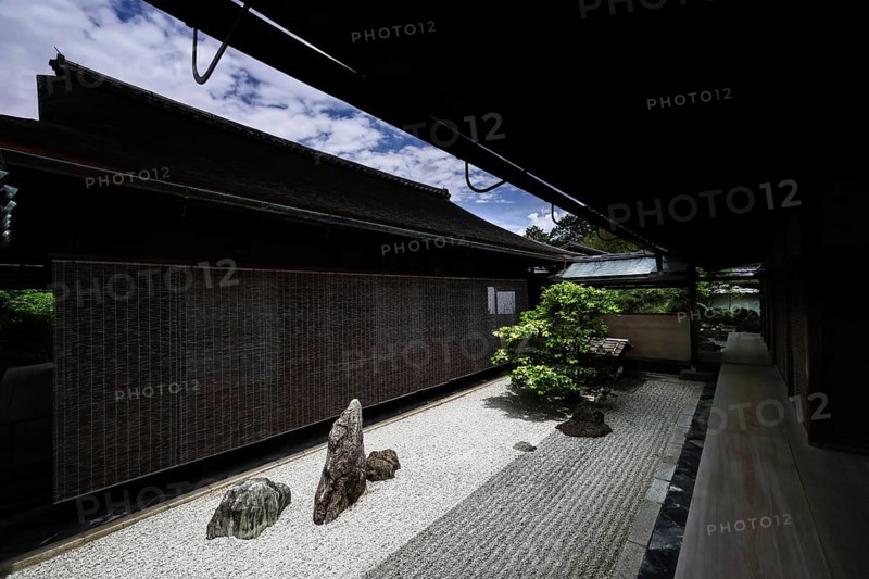Japanese zen garden in Daisenin Temple with gravel and stones, quiet shade area, Kyoto, Daisen-in, Japan