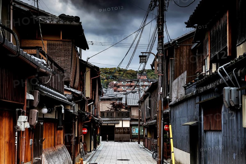 Historic street with old wooden houses in Hatsune-Koji, Gion, Kyoto, Kansai, Japan
