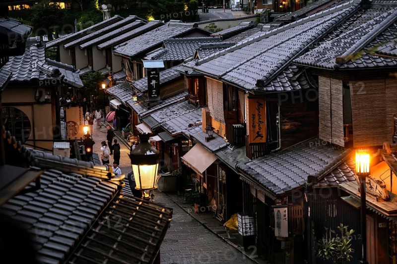 Atmospheric night view of a traditional shopping street with illuminated lanterns, Kyoto, Kyoto, Japan