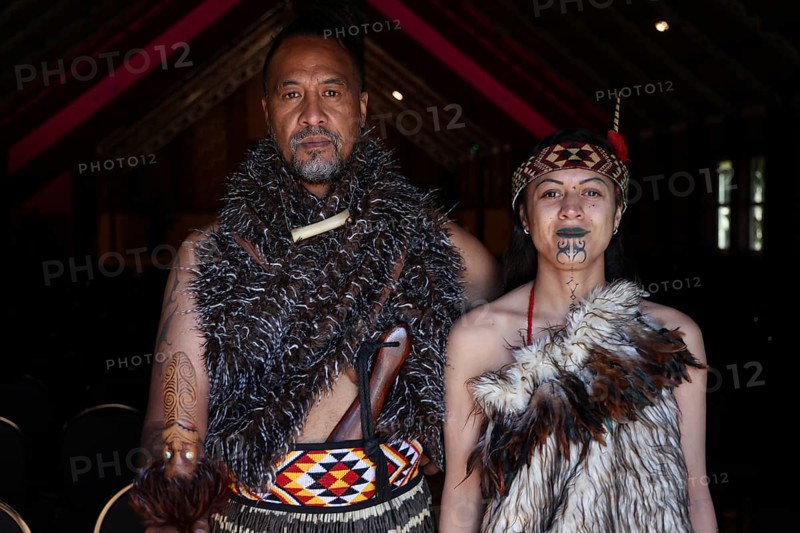 Portrait of people wearing traditional Maori clothing, Rotorua, Te Puia, New Zealand