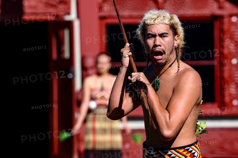 Maori man with strong expression at a welcoming ceremony in Rotorua, Rotorua, Bay of Plenty, New Zealand