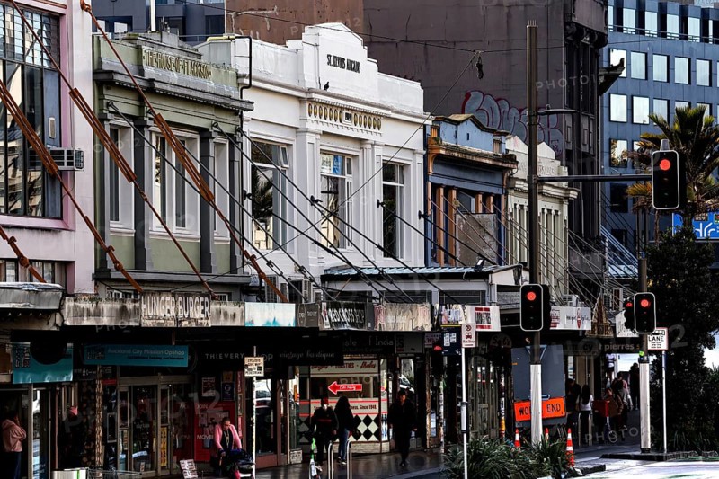 Karangahape Road with old buildings and shops in an urban setting, Auckland, New Zealand