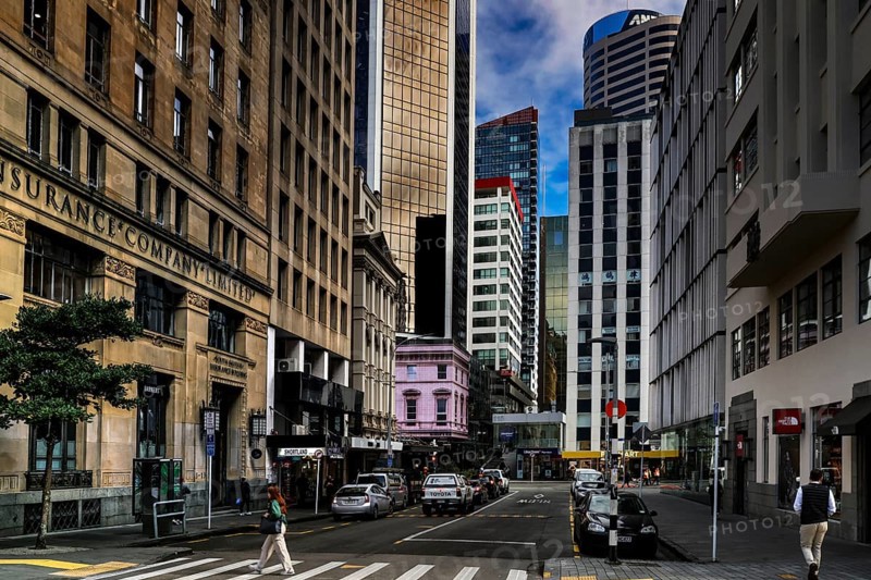 Urban crossroad in CBD with tall buildings, Auckland, zero, New Zealand