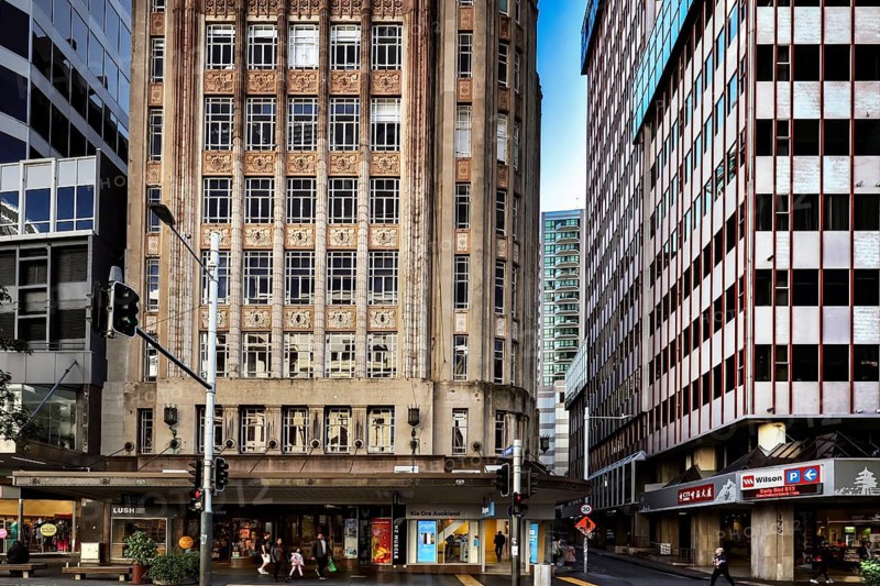 Art Deco buildings line bustling Queen Street in Auckland, Auckland, New Zealand