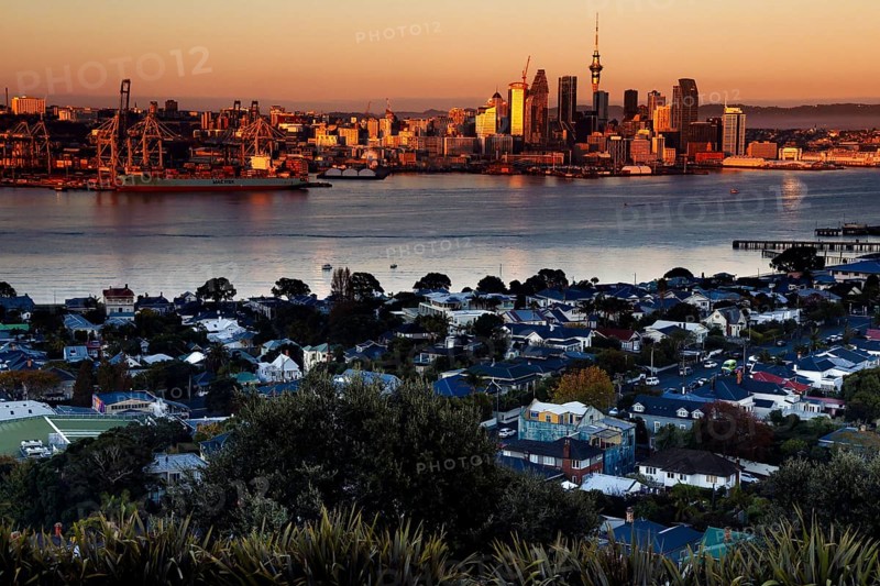 View of the city center from Mt Victoria over Devonport at sunset, Auckland, null, New Zealand