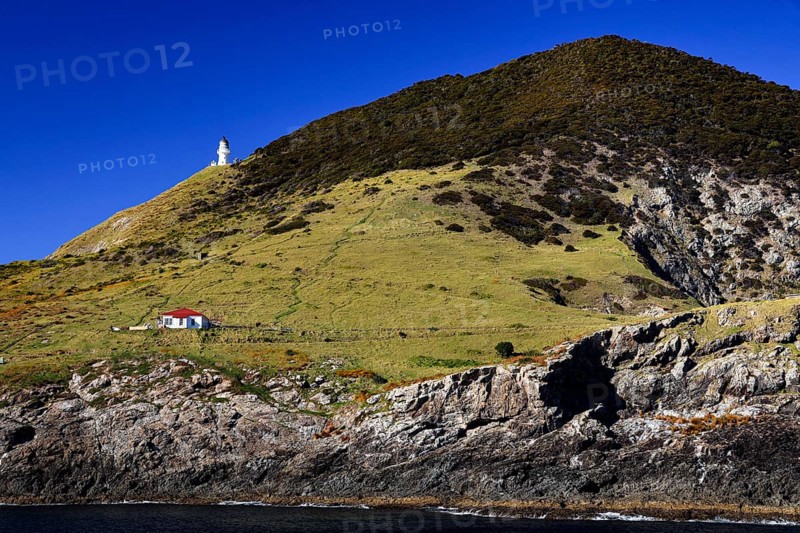 A lighthouse stands on a green hill overlooking the coastline of Cape Brett, Cape Brett, Bay of Islands, New Zealand