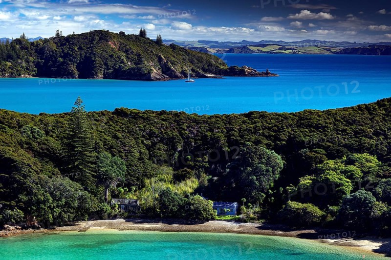 View of the green vegetation of Otehai Bay with blue sea and beach, Otehai Bay, Bay of Islands, New Zealand