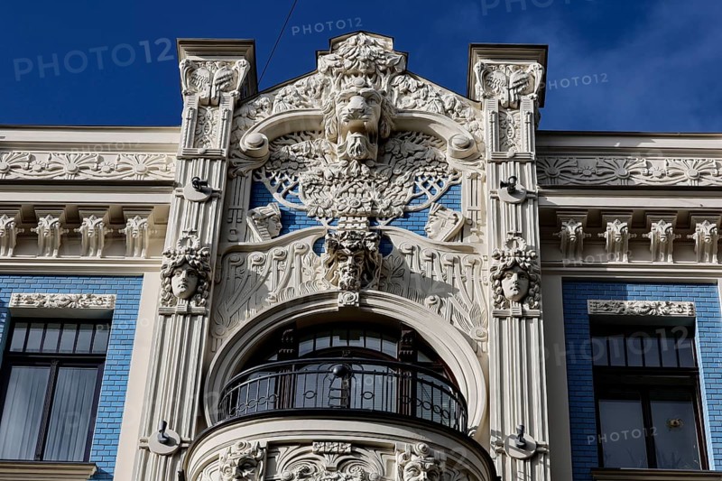 Detail of an art nouveau building with decorative elements, Riga, Latvia