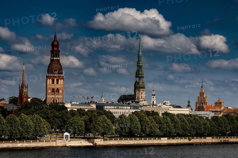 View of Riga's skyline with cathedral, St. Peter's Church and the Duna, Riga, Latvia