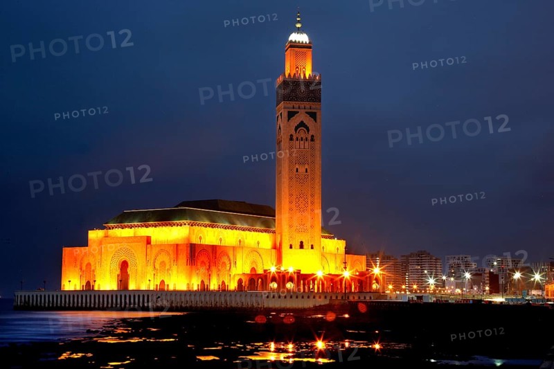 Illuminated Hassan II mosque at night, magnificent architecture on the coast of Casablanca, Casablanca, zero, Morocco