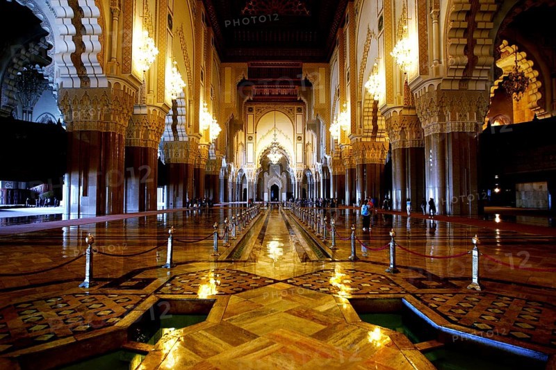 Beautifully illuminated interior of a mosque with ornate decorations, Casablanca, Grand Casablanca, Morocco