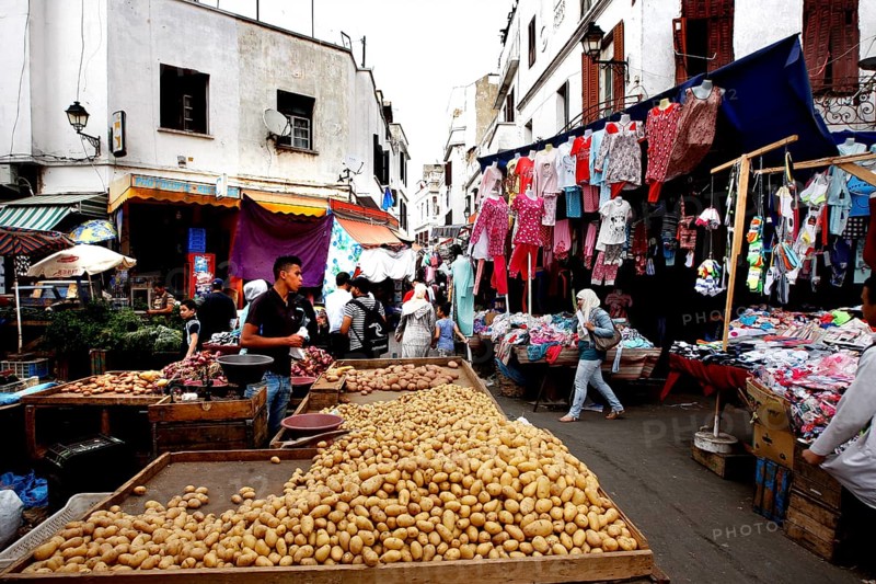 Market scene with stalls full of goods and hustle and bustle, Casablanca, Grand Casablanca, Morocco
