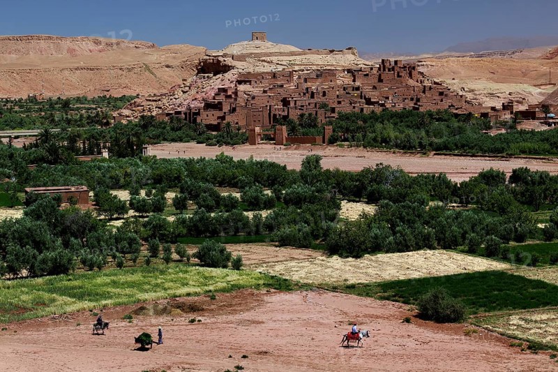 Wide panoramic view of Ait Benhaddou and green landscape, Ait Benhaddou, Ouarzazate, Morocco