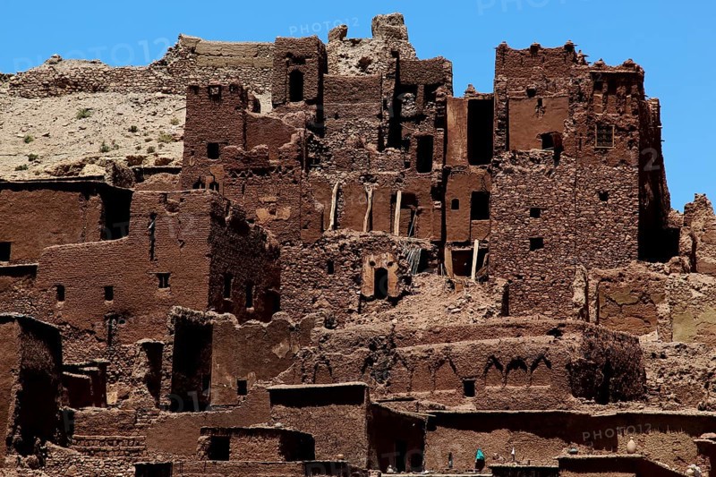 Mighty clay buildings in Ait Benhaddou against a clear blue sky, Ait Benhaddou, Ouarzazate, Morocco