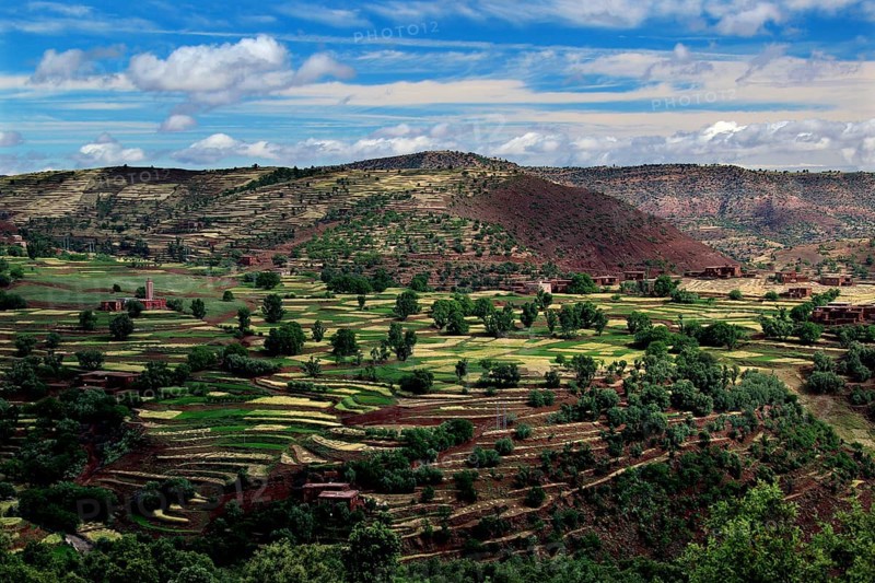 Terraced fields in a hilly landscape of the High Atlas Mountains under wide skies, zero