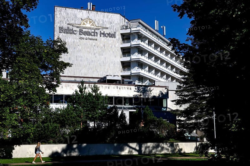 Baltic Beach Hotel surrounded by trees under blue sky, Majori, Jurmala, Latvia