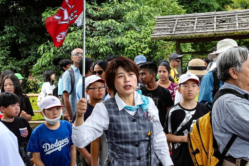 Tour guide leads tourist group at the Golden Temple, Kyoto, Japan