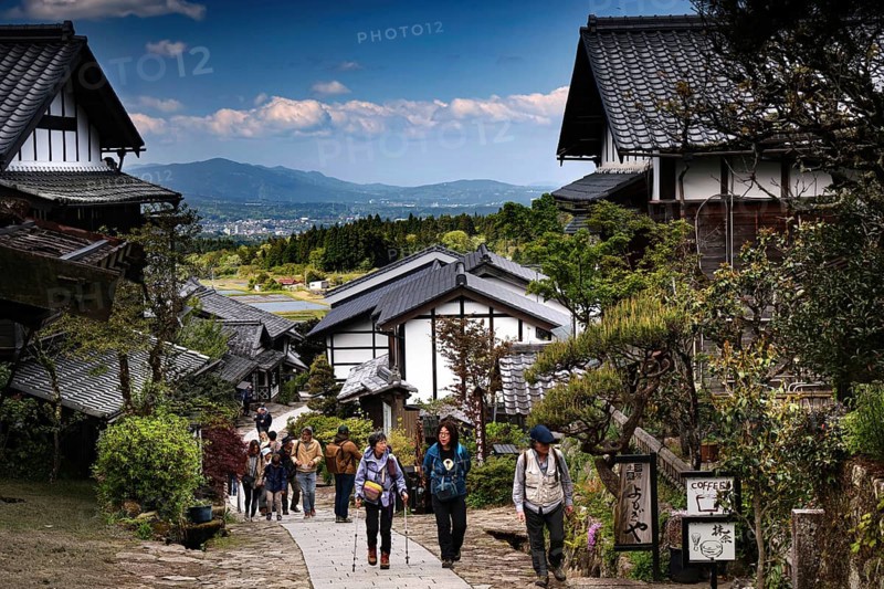 Traditional village with historic buildings and mountain views, Magome, Nagano, Japan