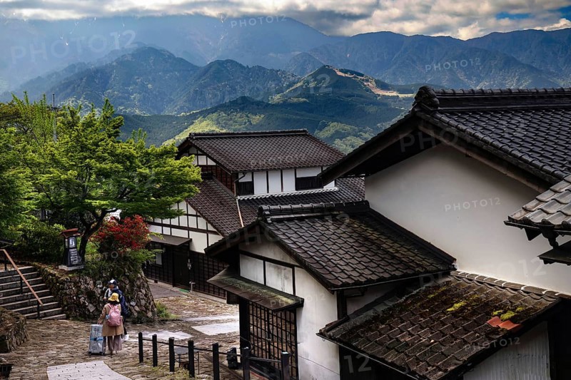 Mountain village with traditional architecture and picturesque mountain views, Magome, Nagano, Japan
