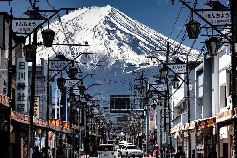 Street view of Fujiyoshida with Fujiyama in the background, Fujiyoshida, Yamanashi, Japan