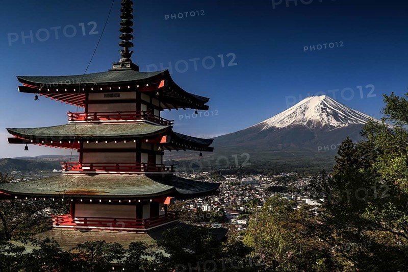 Chureito Pagoda with a view of Mount Fujiyama in soft morning light, Fujioshida, Japan