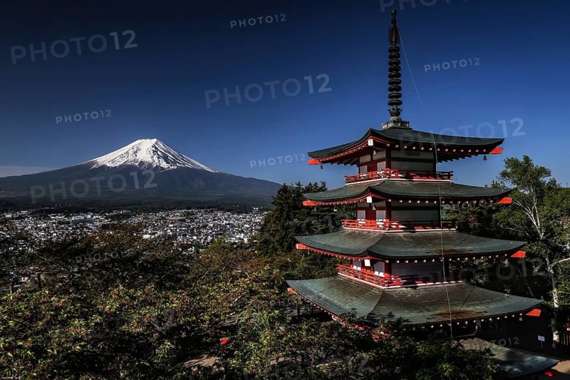 Chureito Pagoda with a view of Mount Fujisan in the morning light in Fujiyoshida, Fujiyoshida, Japan