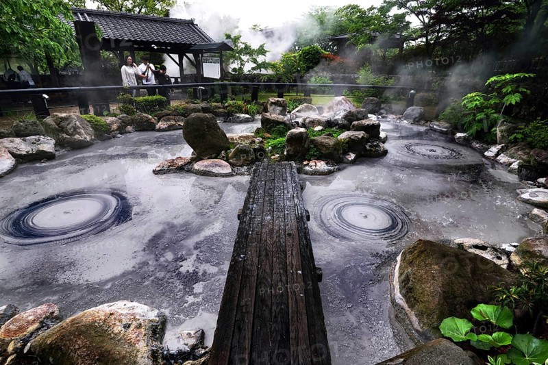 Bubbles form in the solfatar field of Oniishibouzu Jigoku in Beppu, Beppu, Kyushu, Japan