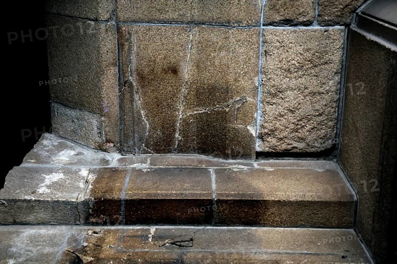 Stone staircase in the Hiroshima Peace Museum with the imprint of a person, Hiroshima, Japan