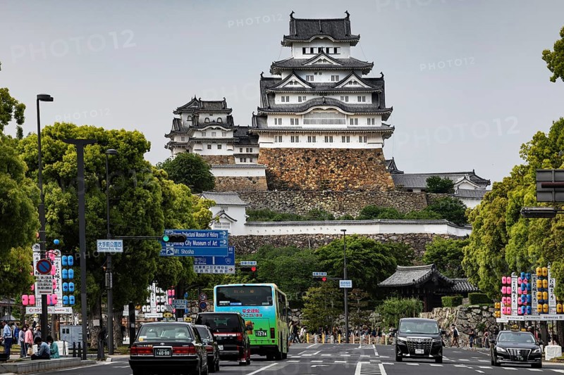 View of Himeji Castle from a busy street with cars and surrounding trees, Himeji, Japan