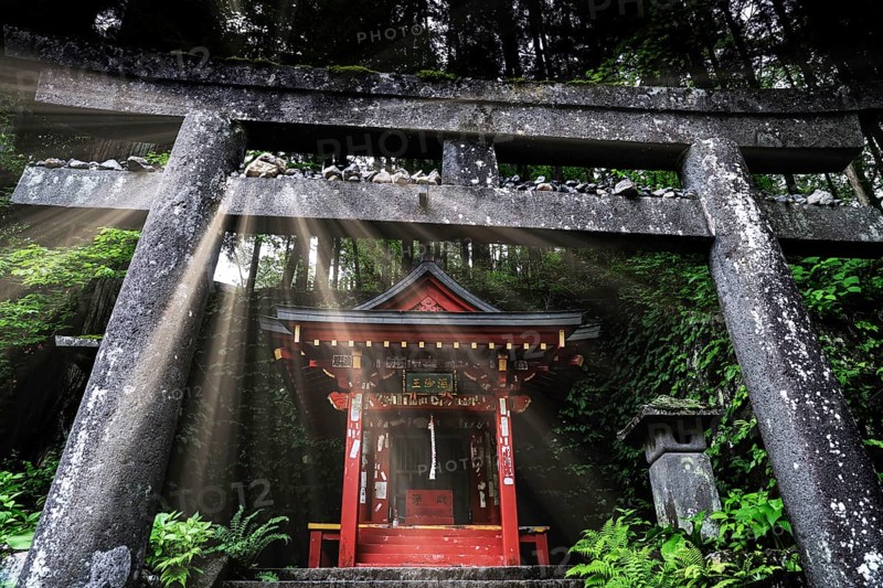 Torii and shrine in Nikko surrounded by nature with rays of light that illuminate the scene, Nikko, Japan
