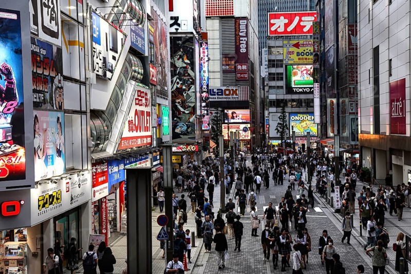 Bustling electronics district in Akihabara full of lively advertising, Tokyo, Tokyo, Japan