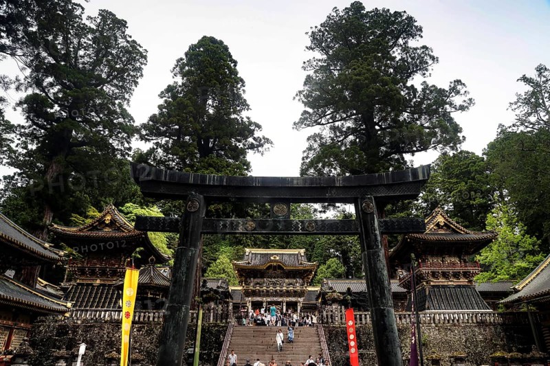 Entrance to Toshogu Shrine surrounded by trees and architecture, Nikko, Japan