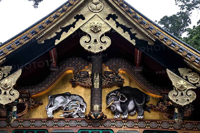 Detailed gilded wood reliefs at the shrine in Nikko, Nikko, Japan