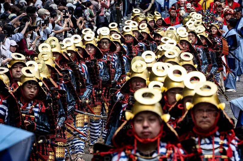 Samurai parade with golden helmets and traditional clothing in Nikko, Nikko, Japan