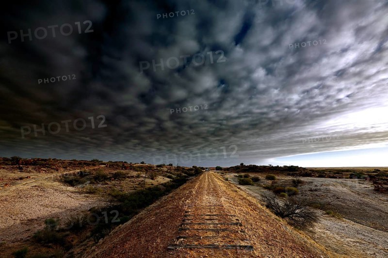 Railway track under dramatic cloud cover in the evening light of the Australian outback, Oodnadatta Track, null, Australia