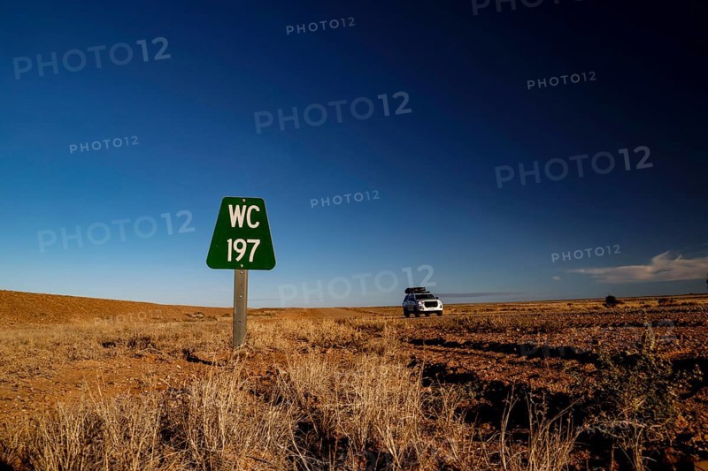 A green toilet sign on a deserted road in a dry landscape, Oodnadatta Track, Southwest Australia, Australia