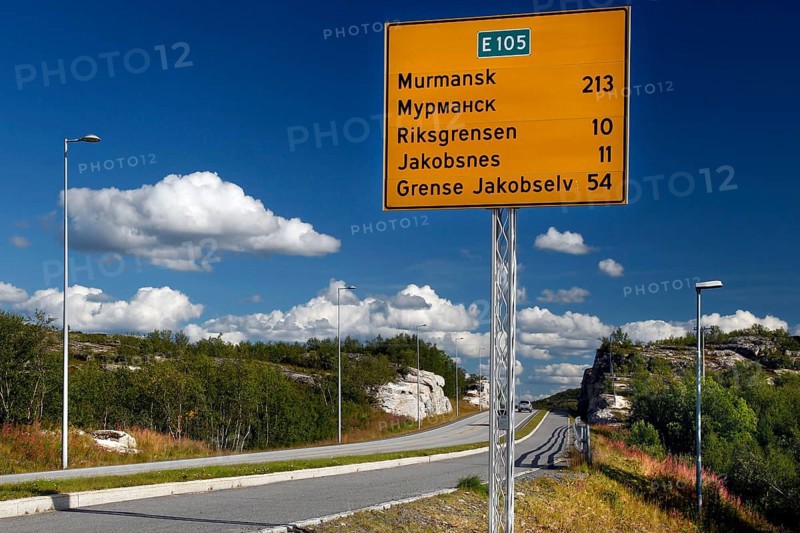 Distance sign to the Russian border on a clear road near Kirkenes, Kirkenes, Finnmark, Norway
