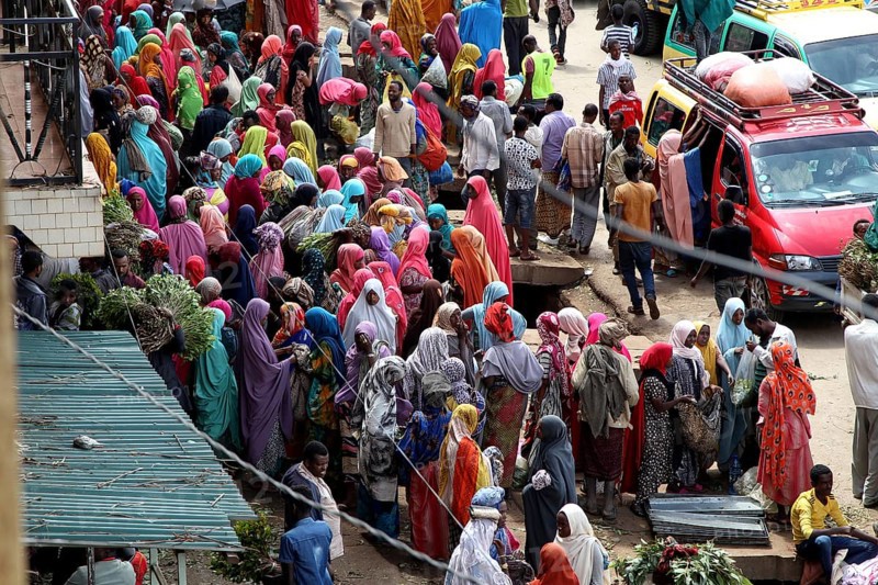 Aerial view of a busy market full of people, Awaday, Ethiopia
