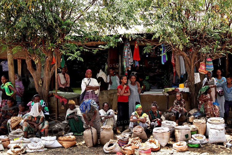 Bustling market activity with numerous people and stands in Adi Arkay